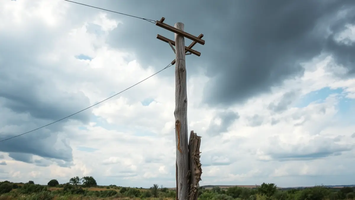 Image of a deteriorated electricity pole in a rural area.