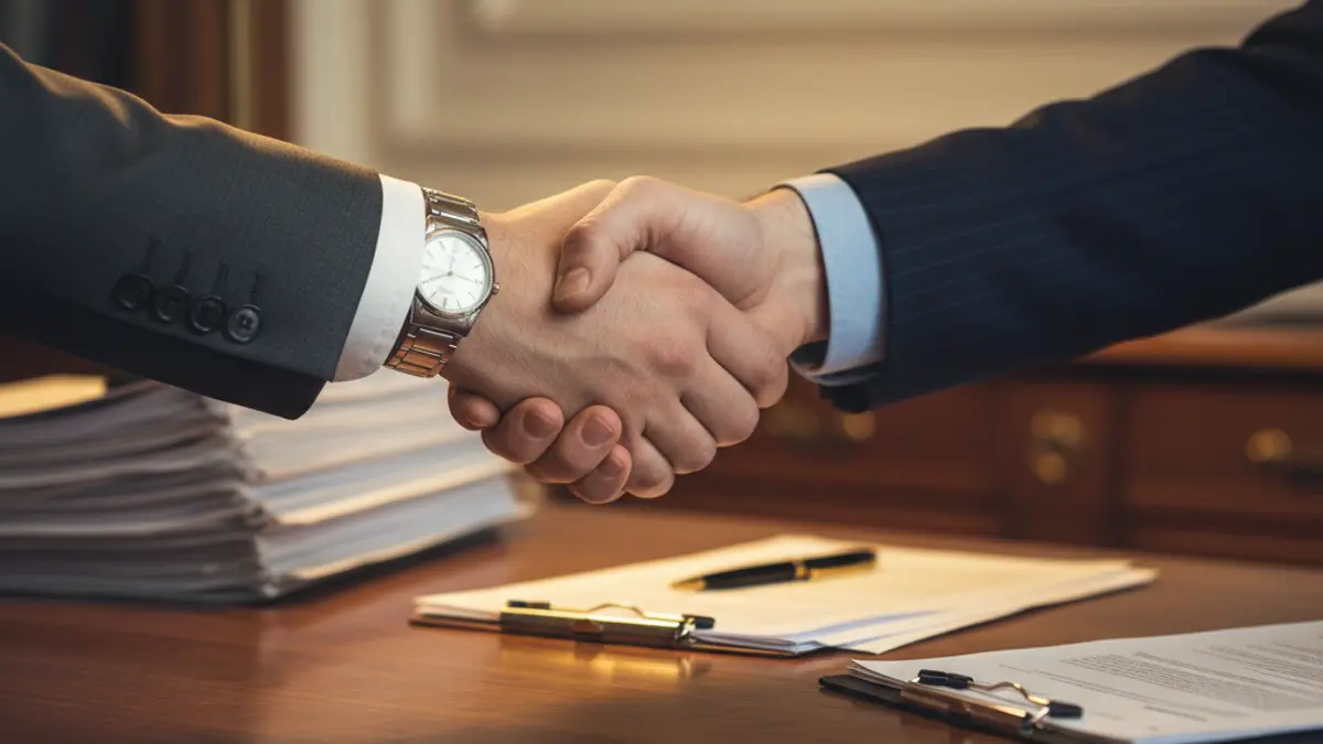 Imatge genèrica de dues mans encaixant en un entorn d'oficina, simbolitzant un acord empresarial.