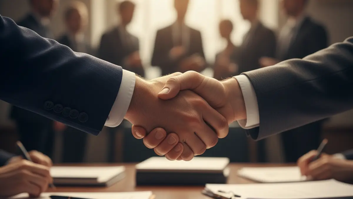 Imatge genèrica de dues mans encaixant en un entorn d'oficina, simbolitzant un acord empresarial.