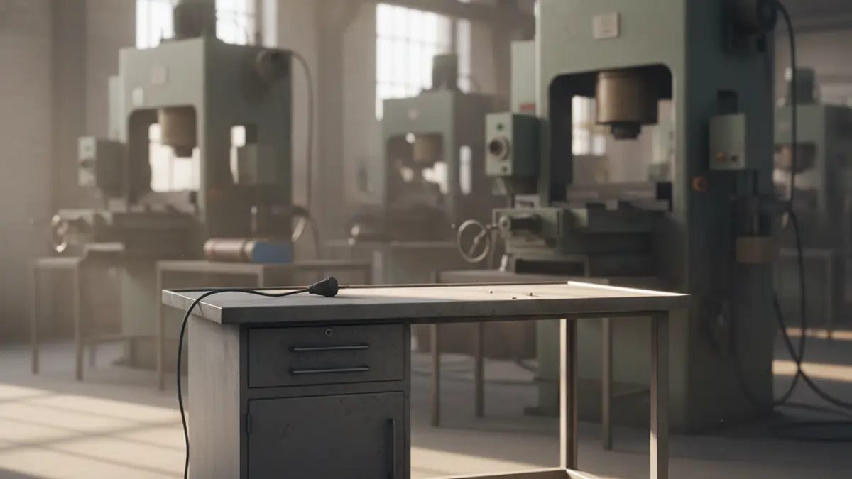 Generic image of a production plant with blurred machinery and an empty workstation, symbolizing staff reduction.
