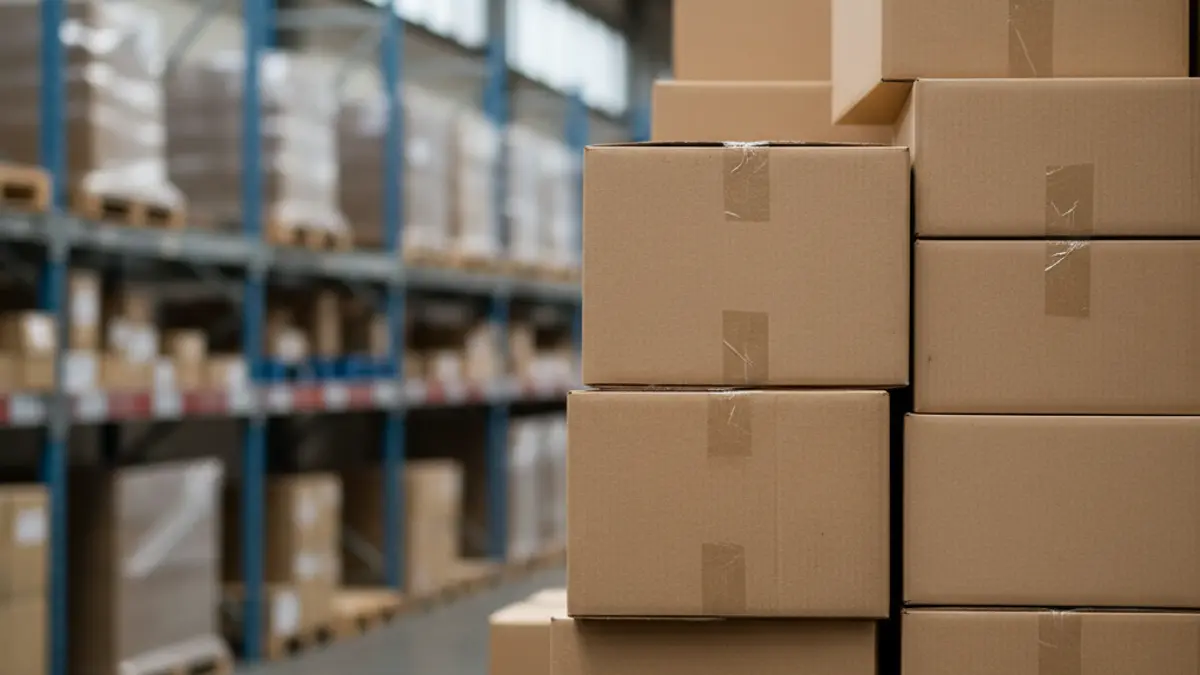 Boxes of spare parts in a warehouse, symbolizing logistics and storage.