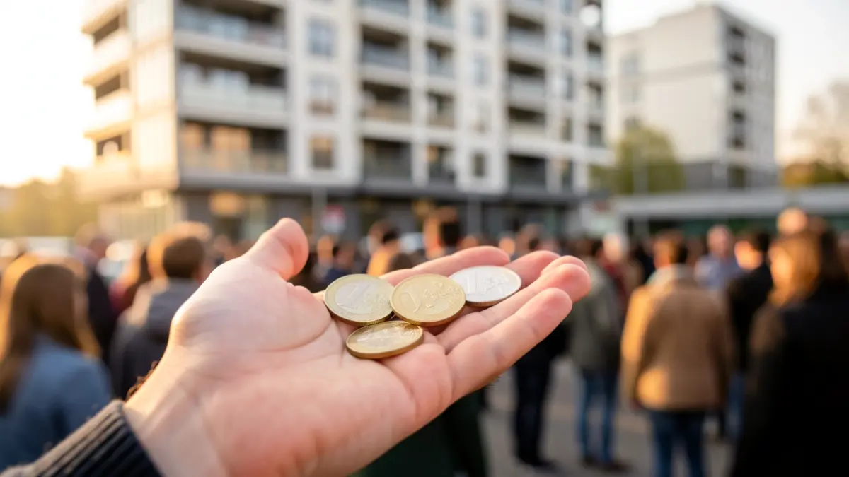 Imatge genèrica de monedes d'euro a la mà d'un jove davant d'un edifici.