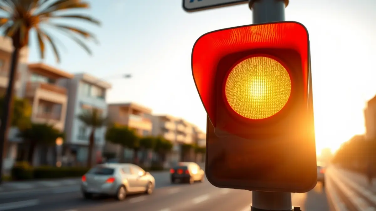 Semàfor en ambre regulant el trànsit en una carretera