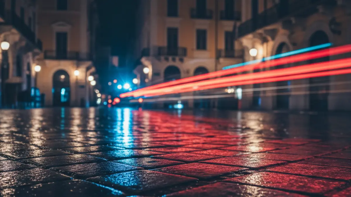 Imatge genèrica de llums d'emergència reflectint-se sobre l'asfalt mullat en un carrer urbà.