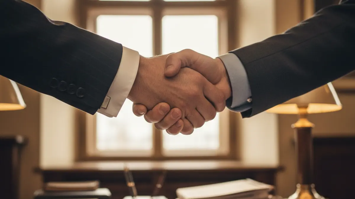 Generic image of two hands shaking in an office setting, symbolizing new leadership and collaboration.