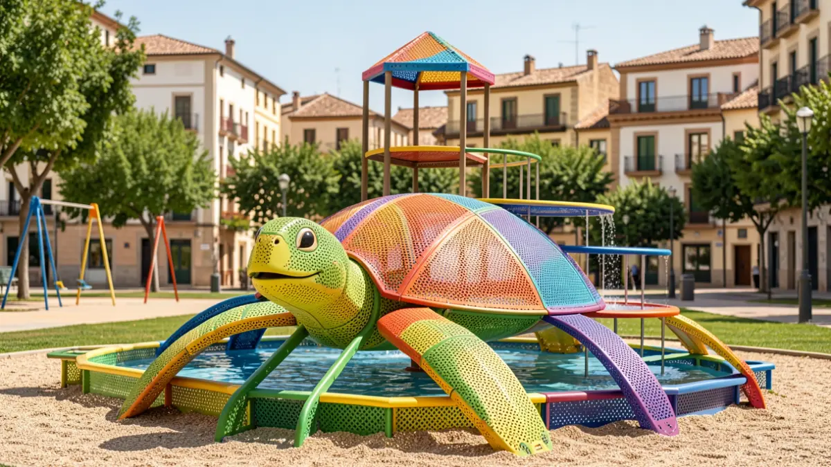 Generic image of a large playground turtle in an urban park.