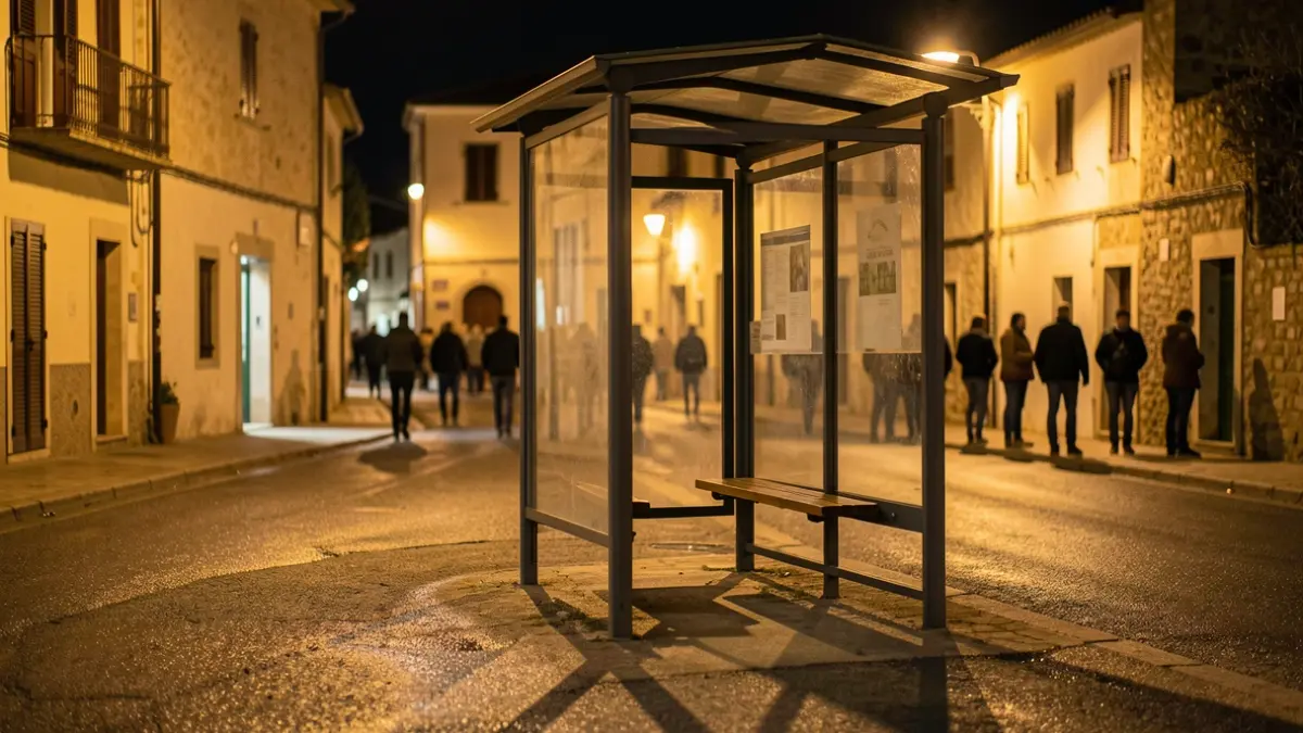Imatge genèrica d'una parada d'autobús en un entorn rural durant el vespre.