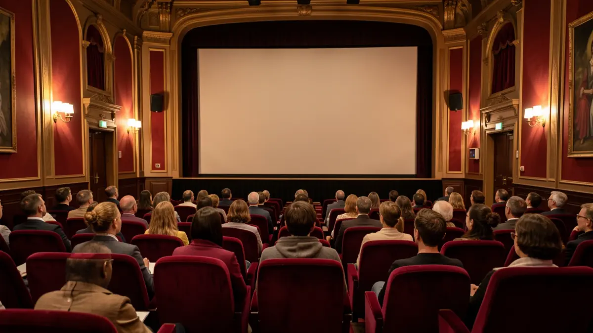 Interior d'una sala de cinema amb butaques de vellut i il·luminació càlida.
