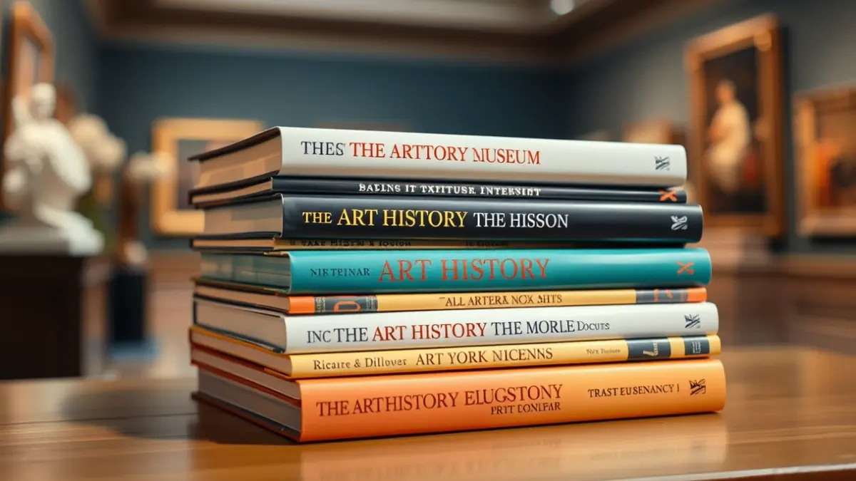 Generic image of art books on a wooden table, with a blurred museum background.