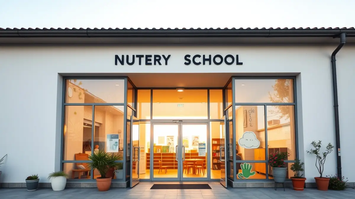 Façana d'una escola bressol amb finestres grans i dibuixos infantils.