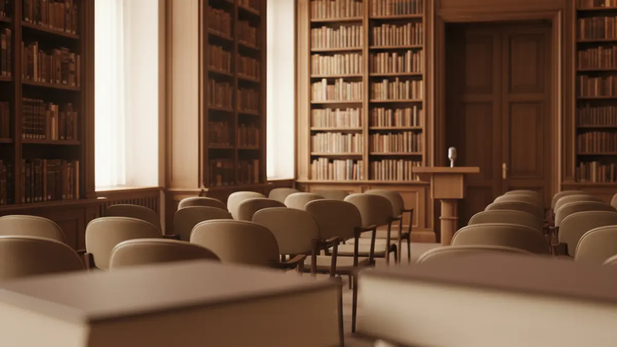 Generic image of a reading room or literary presentation with books and a microphone.