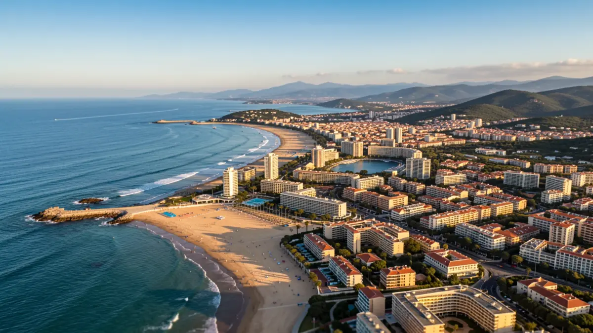 Aerial view of the Baix Llobregat coast with hotels and beaches.