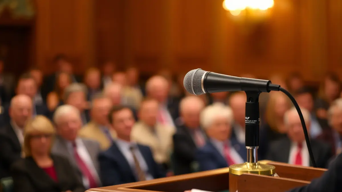 Generic image of a microphone on a podium, symbolizing a public event or speech.