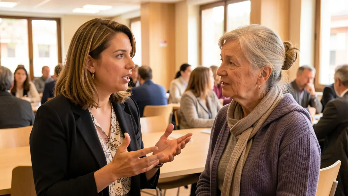 Two women, one younger and one older, in a meeting room of a community center in Catalonia.