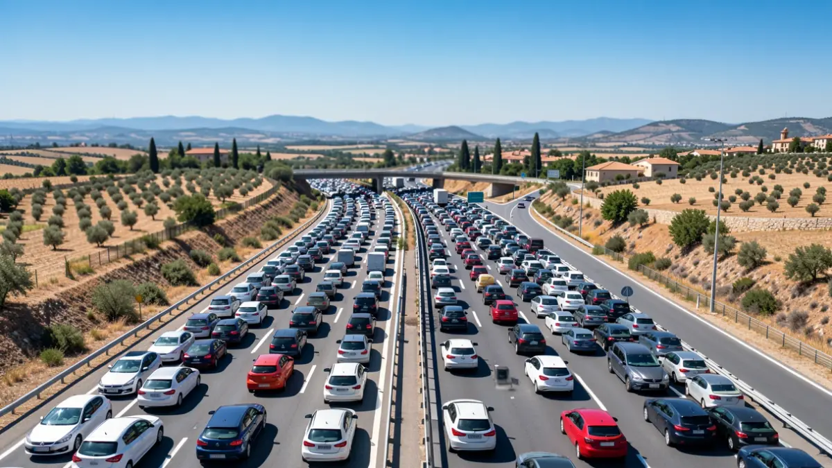 Vista aèria d'una autopista congestionada a Catalunya durant una operació tornada de pont festiu.