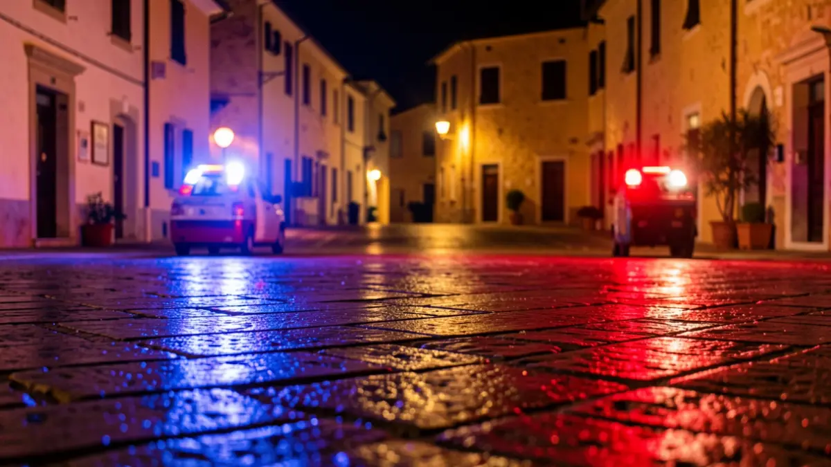 Generic image of police emergency lights reflecting on wet asphalt at night.