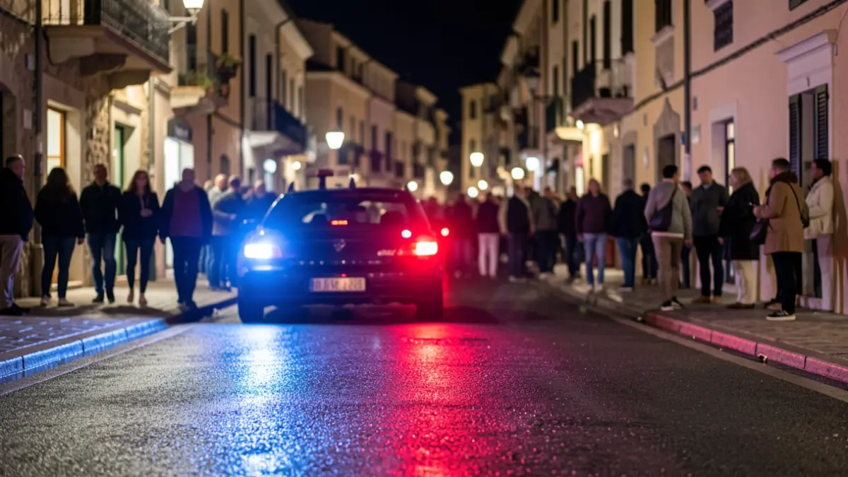 Imagen genérica de luces de emergencia policiales reflejándose en asfalto mojado por la noche.