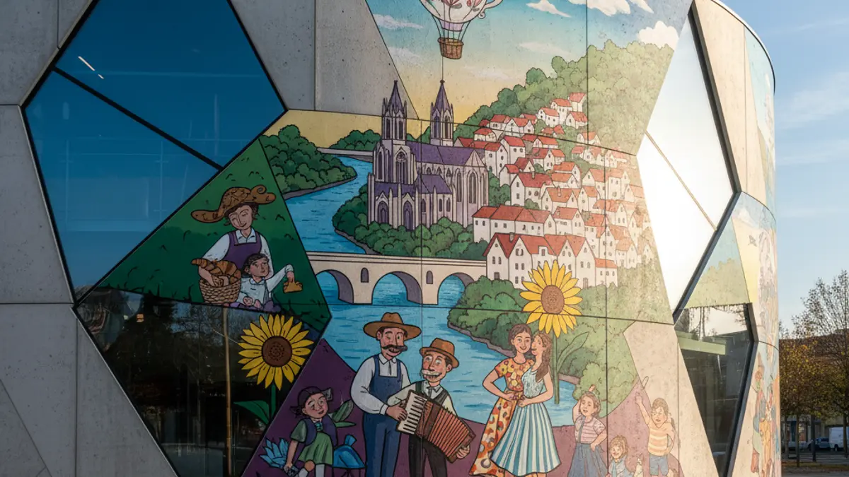 Artistic panel with local characters and elements on the facade of a civic center.