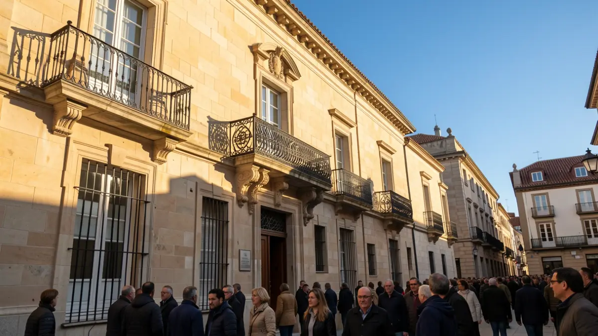 Generic image of a Catalunya town hall with a balcony and iron railings, warm afternoon light, and blue sky.