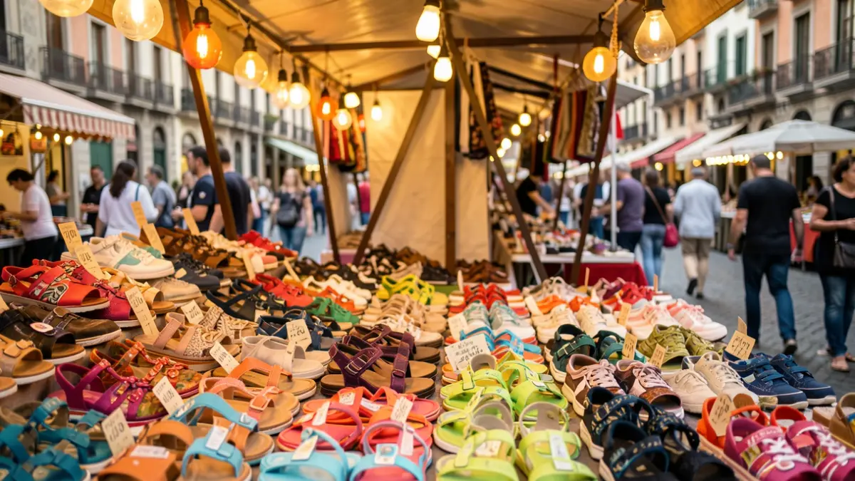 Imatge genèrica d'un estand de mercat temporal amb una gran varietat de sabates rebaixades.