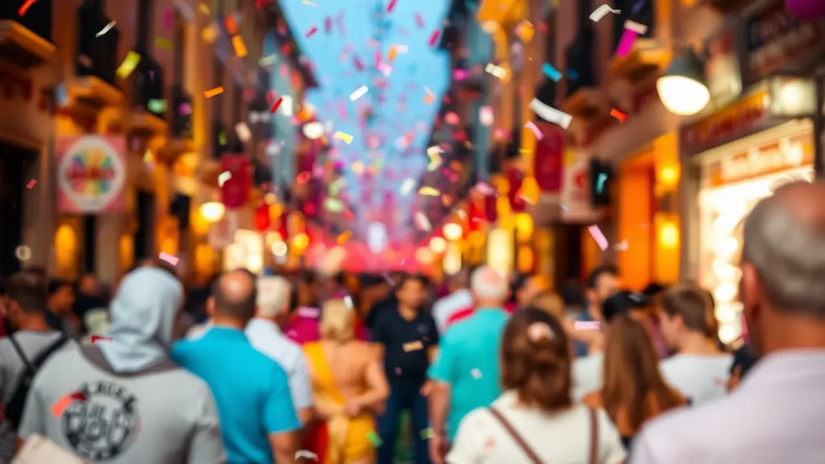 Imagen genérica de un desfile festivo con confeti y multitud borrosa.