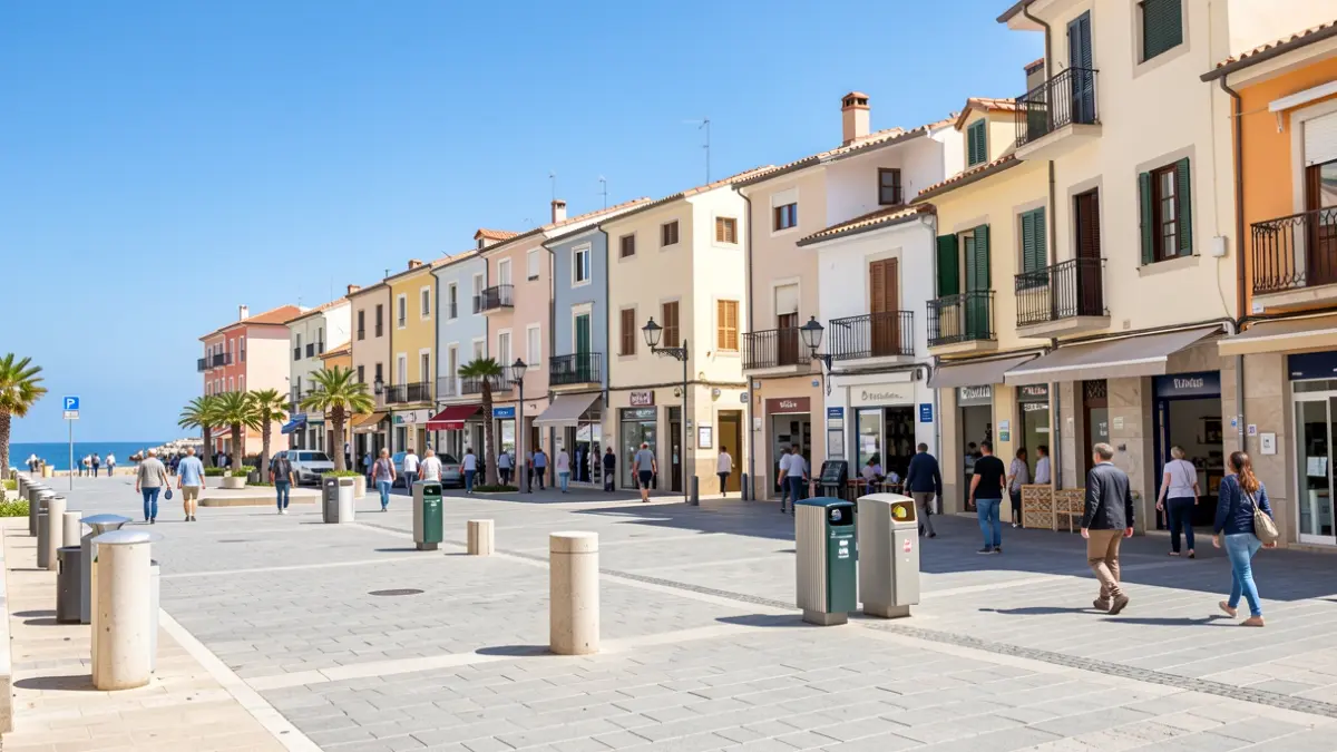 Imatge genèrica d'una plaça costanera a Palafrugell amb comerços i contenidors.