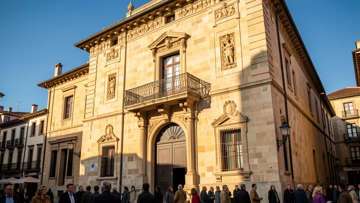 Imatge genèrica d'un edifici municipal amb balcó i llum càlida.