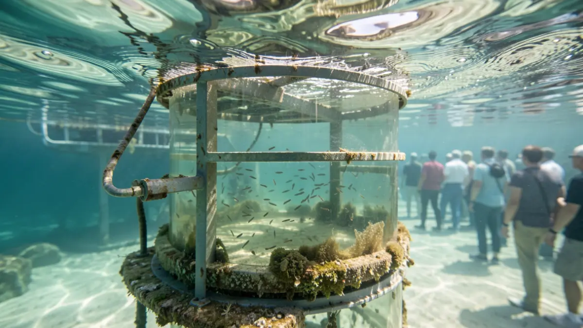 Image of a marine eco-incubator used for breeding fish larvae along the coast.