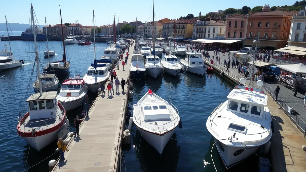 Imagen del puerto de Palamós con diversas embarcaciones y actividades festivas.
