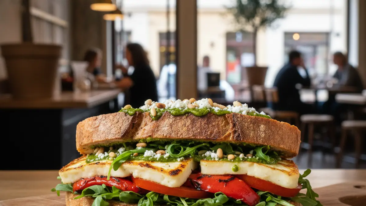 Generic image of a modern sandwich with fresh ingredients in a cafe setting.
