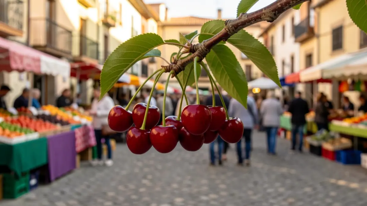 Imagen genérica de cerezas maduras con un pueblo catalán al fondo.