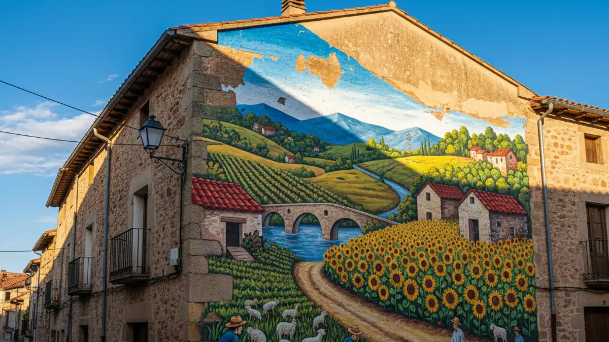 Urban art mural on a facade in a Catalan village.