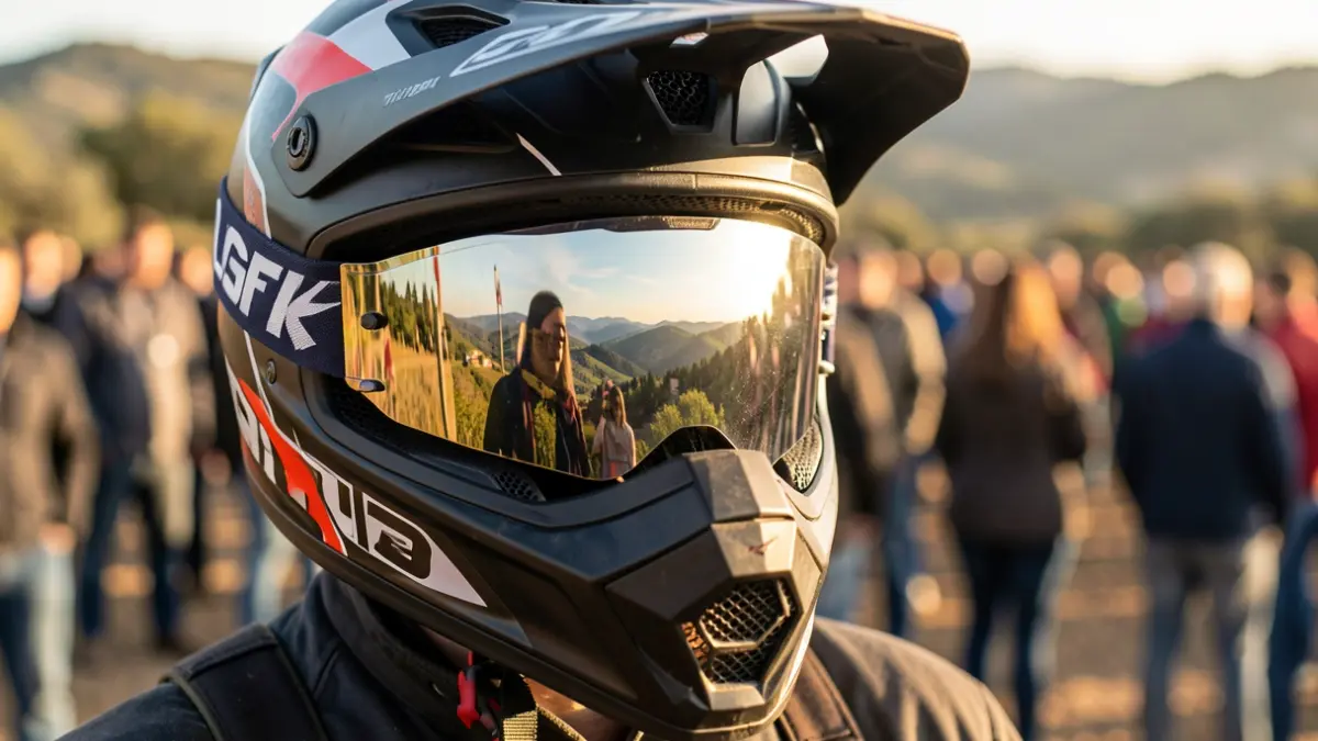 Imatge genèrica d'un casc de moto amb reflexos del paisatge català.