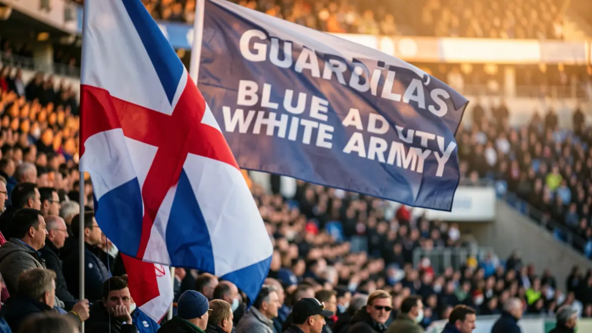 Aficionados del Manchester City exhiben una pancarta y una estelada para despedir a Pep Guardiola.