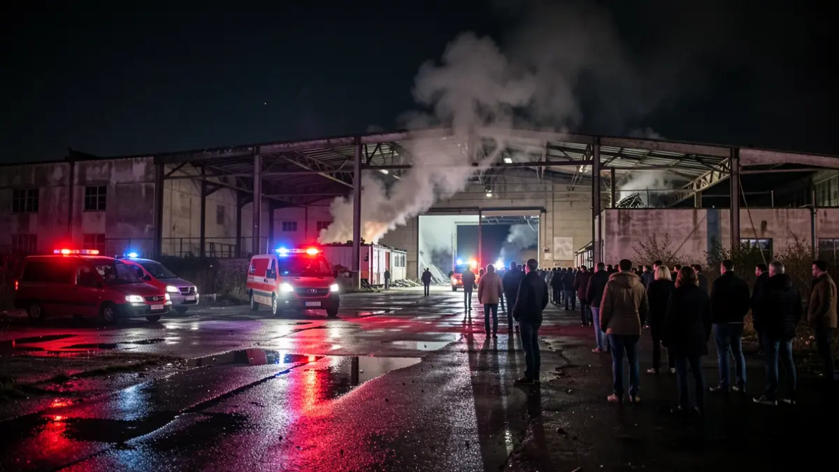 Imatge genèrica d'un incendi en una nau abandonada a la nit.