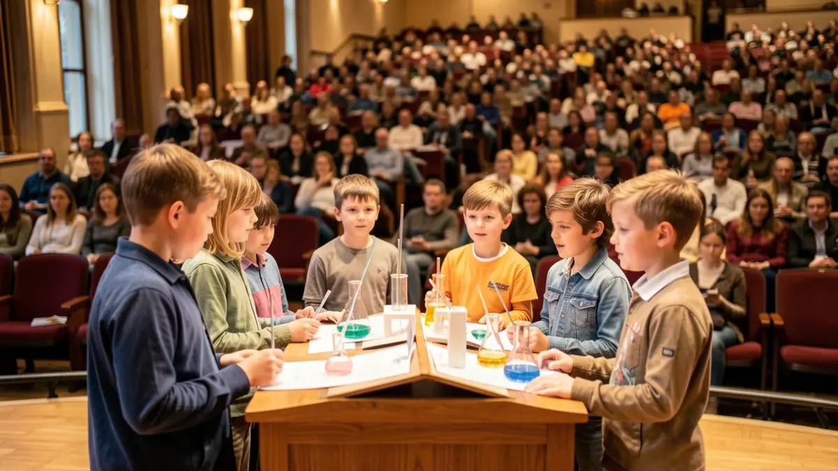 Imatge genèrica d'alumnes presentant projectes científics.