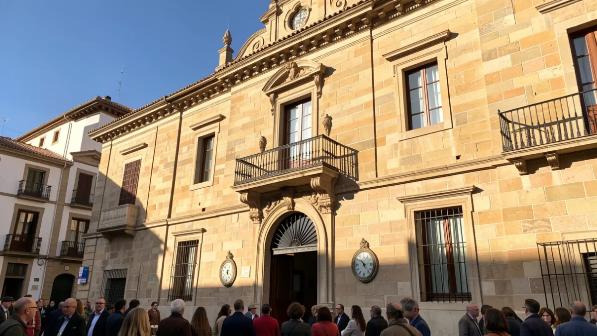 Generic image of a municipal building with a balcony and summer sun.