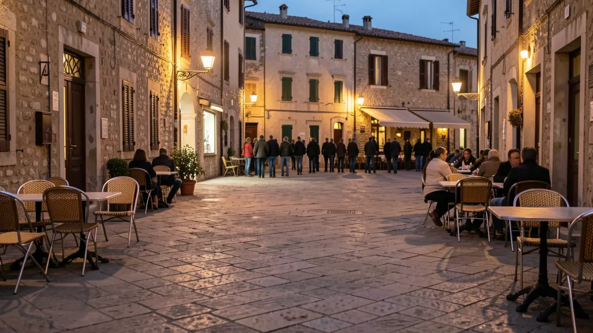 Generic image of a town square in a Maresme municipality at dusk.