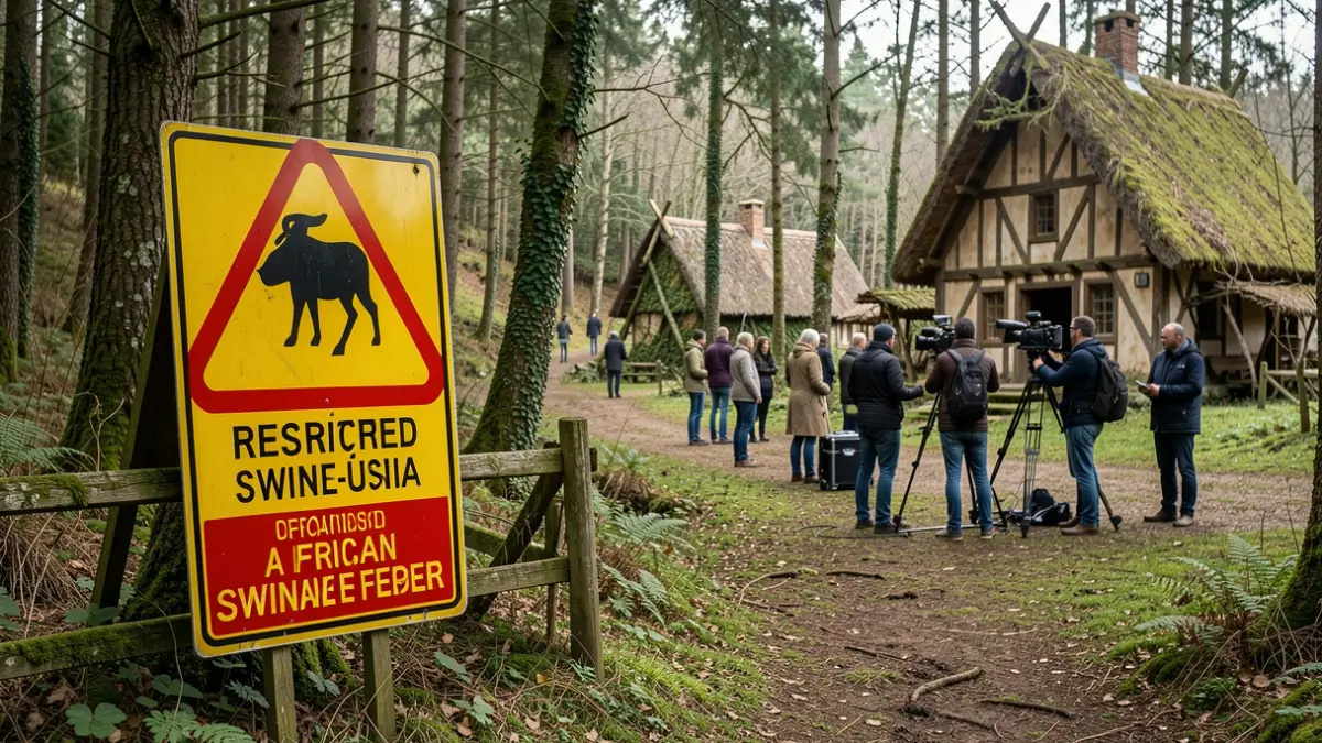 Imagen genérica de una zona forestal restringida por peste porcina con equipo de rodaje.