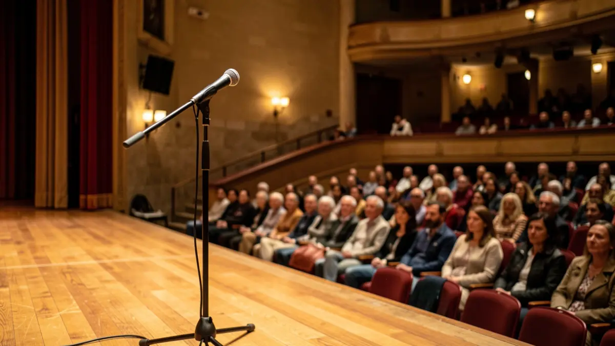 Interior of a traditional concert hall with a wooden stage and warm lighting.