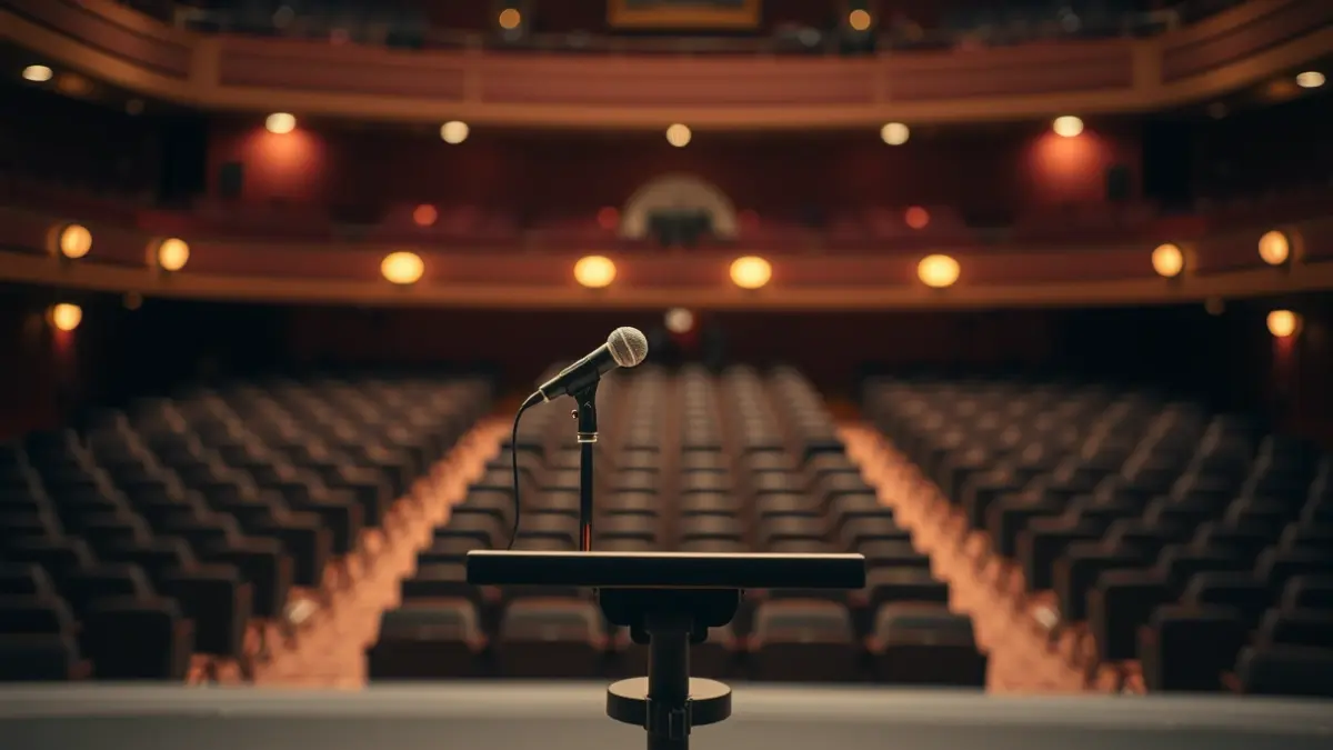 Generic image of a microphone on an empty stage before a concert.