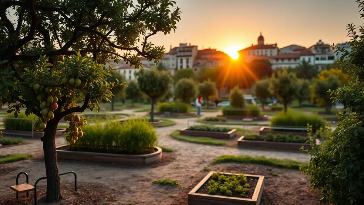Imatge d'un parc urbà amb horts i arbres fruiters
