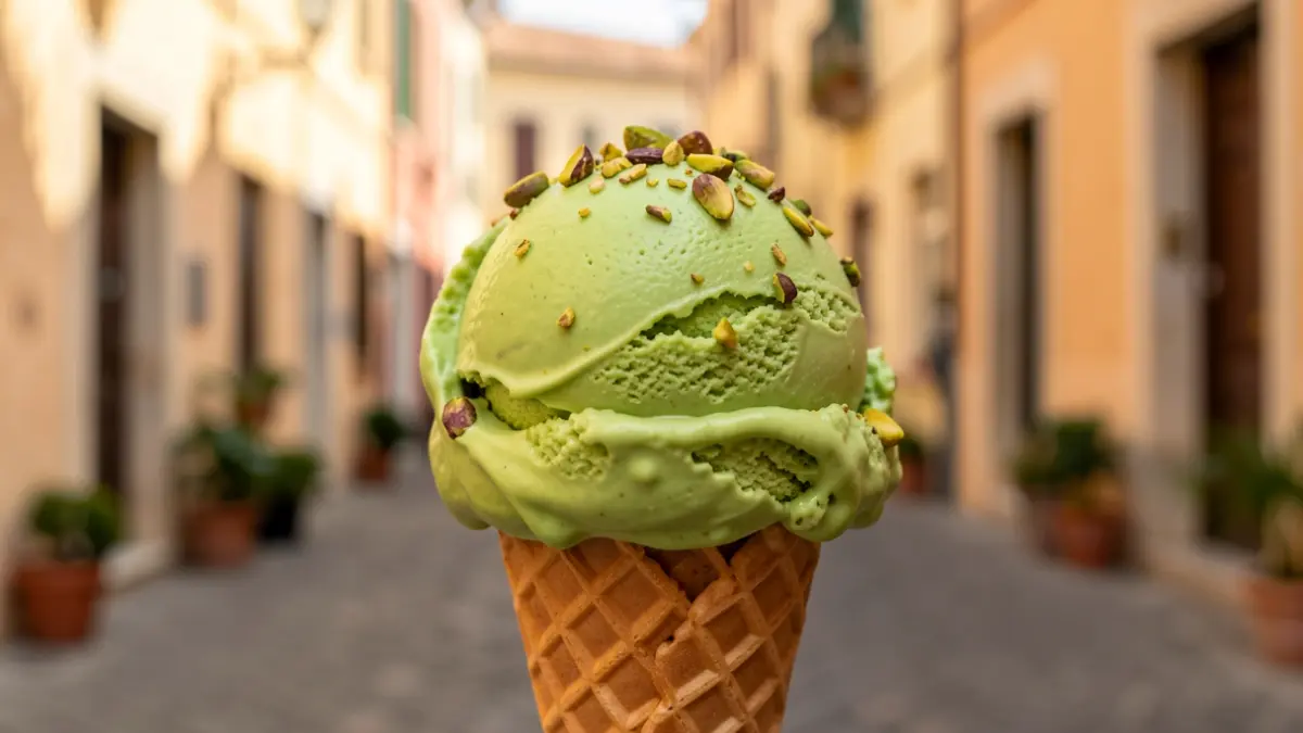 Generic image of a pistachio ice cream scoop in a cone.