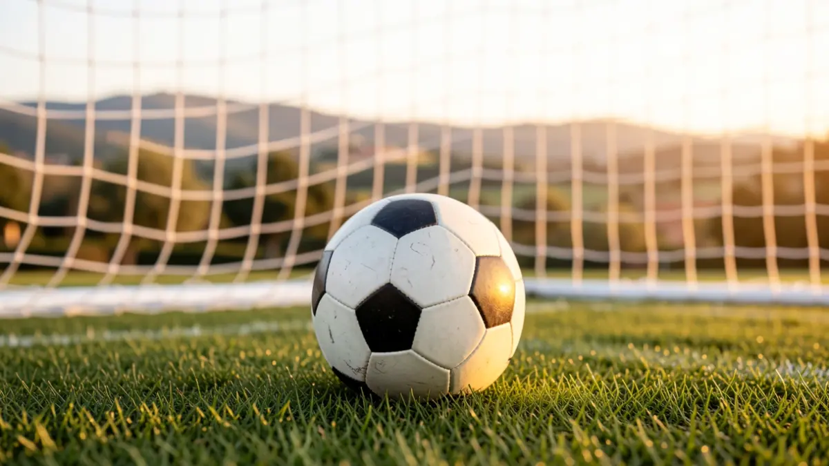 Imatge genèrica d'una pilota de futbol sobre gespa amb una xarxa al fons.