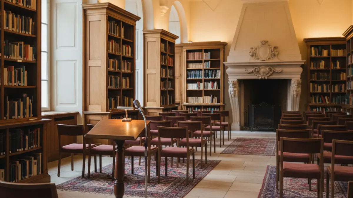 Imatge genèrica d'un interior d'institut o centre educatiu amb un faristol i cadires buides.