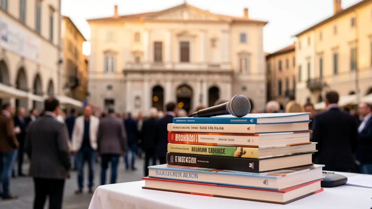 Generic image of books with a microphone and a municipal building in the background.