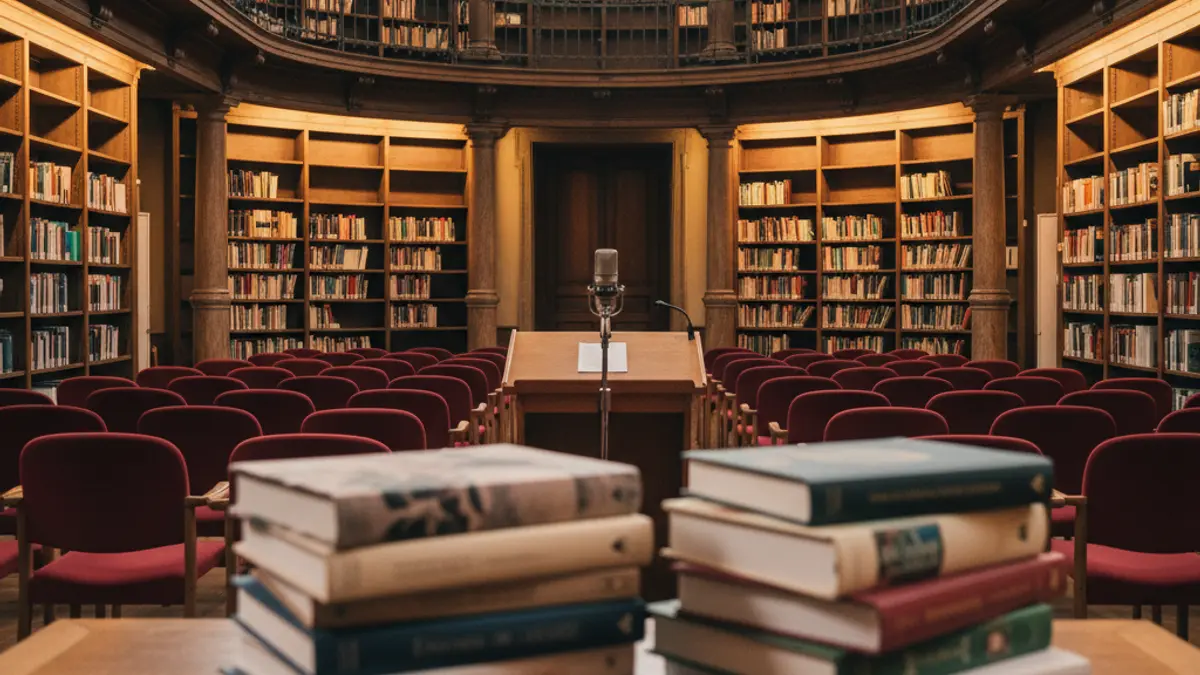 Imagen genérica de una biblioteca con libros y un atril, simbolizando la presentación de un libro de cocina.