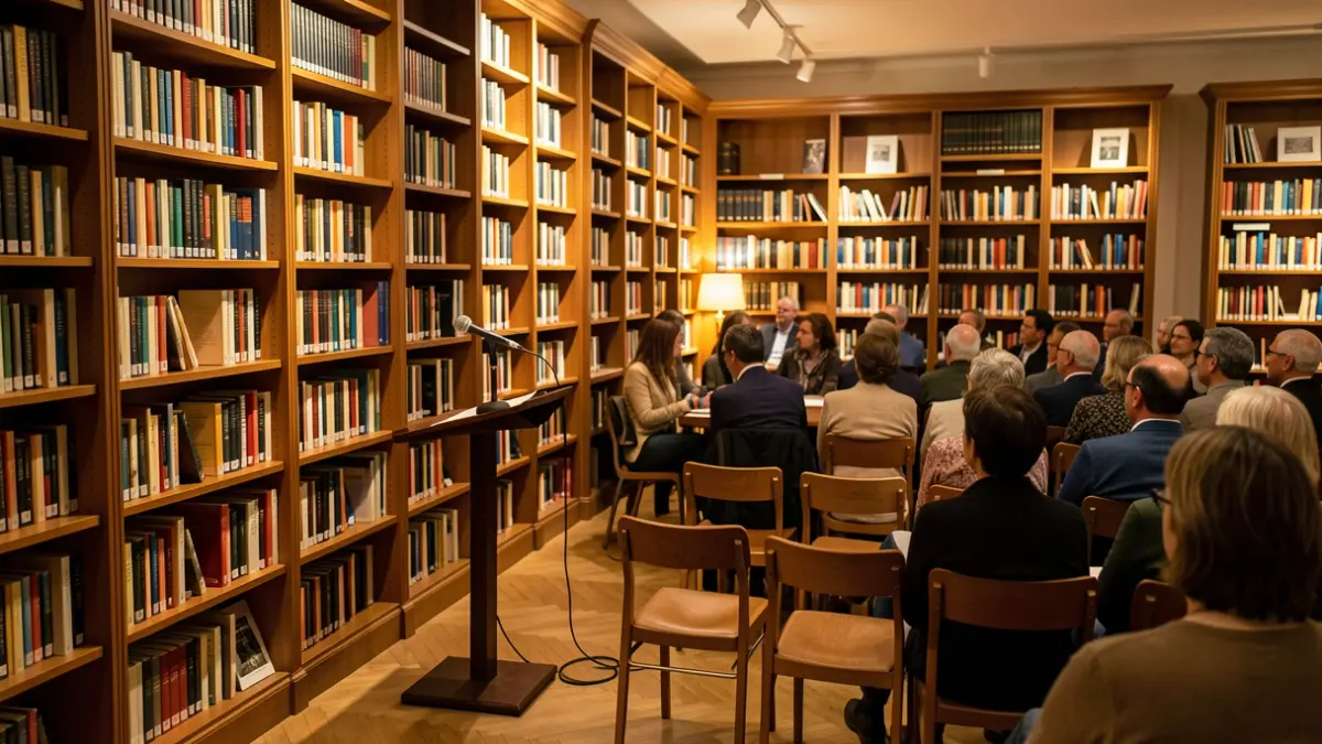 Imatge genèrica d'una presentació de llibre en una biblioteca.