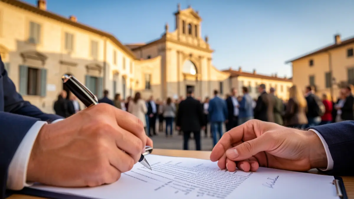 Imagen genérica de manos firmando un documento frente a un edificio oficial.
