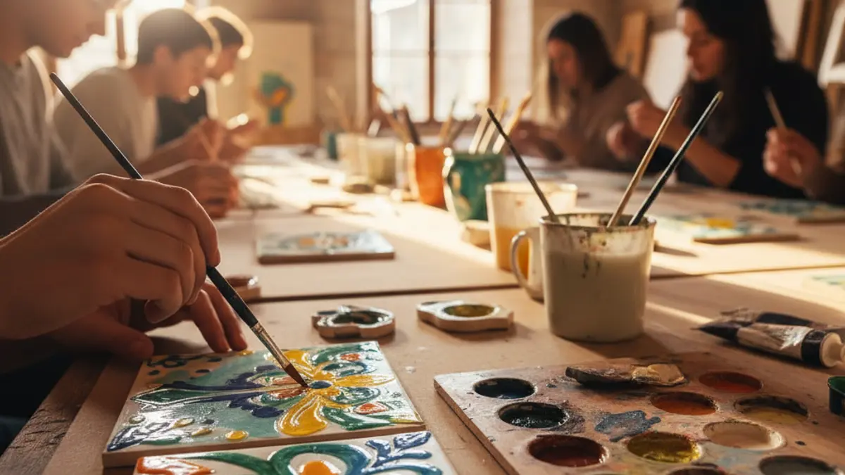 Imatge genèrica de mans pintant rajoles de ceràmica en un taller creatiu.